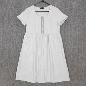 Roolee Dress Womens L Gray White Oxford Stripe Linen Blend Short Sleeve Shift